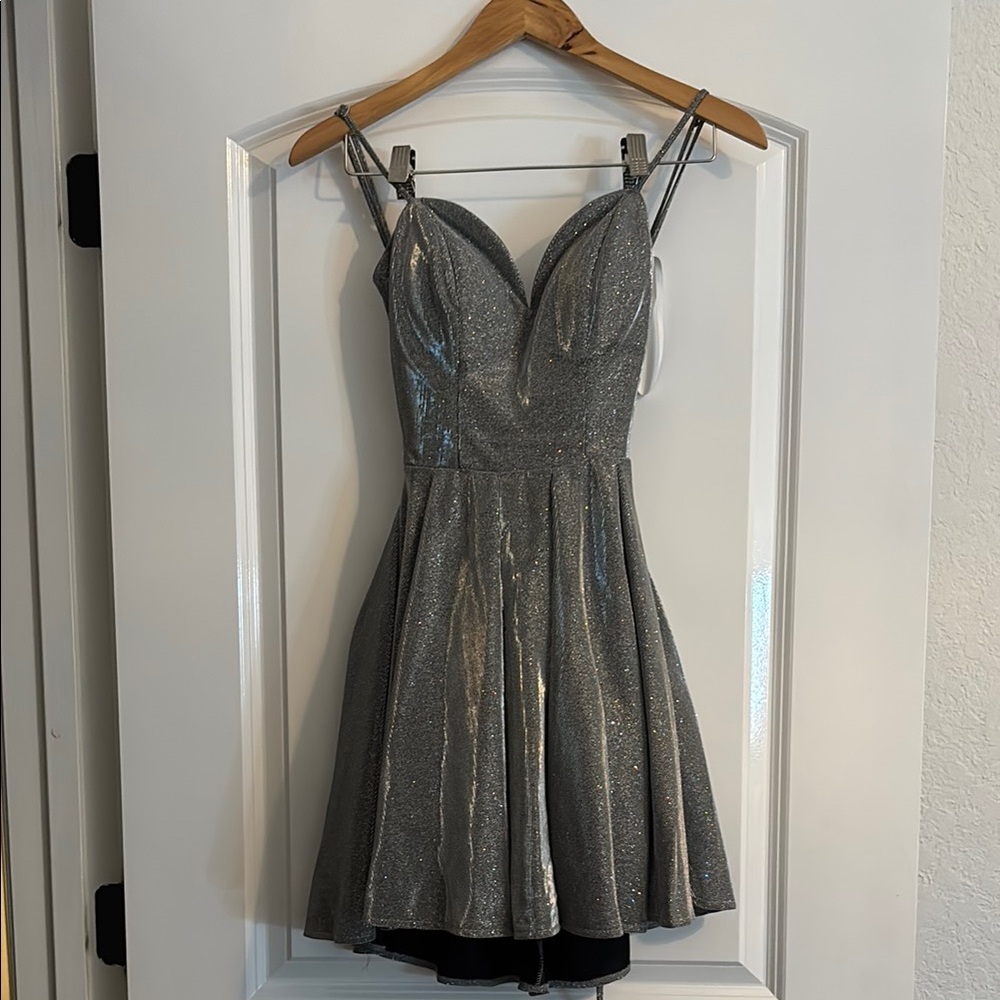 B Darlin Silver Fit and Flare Cocktail Dress